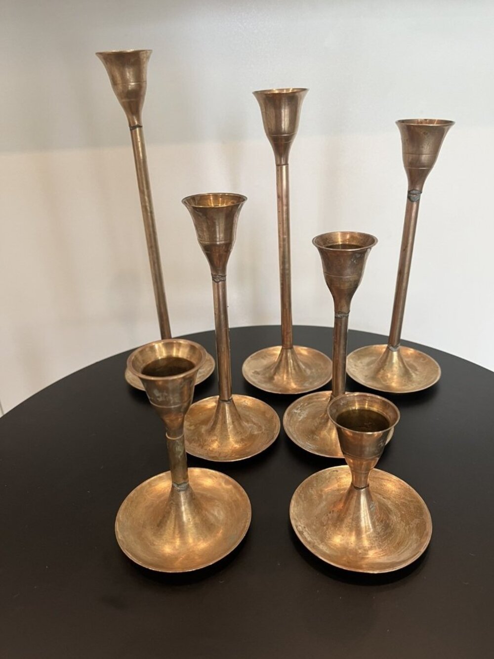 Vintage 7pc Brass Candlestick Holders India 3-9" Graduated MCM Boho Decor